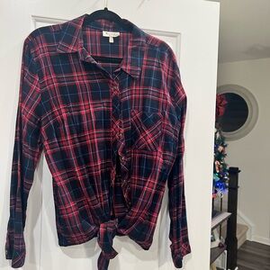 Plaid Button-Up Blouse - Red and Blue